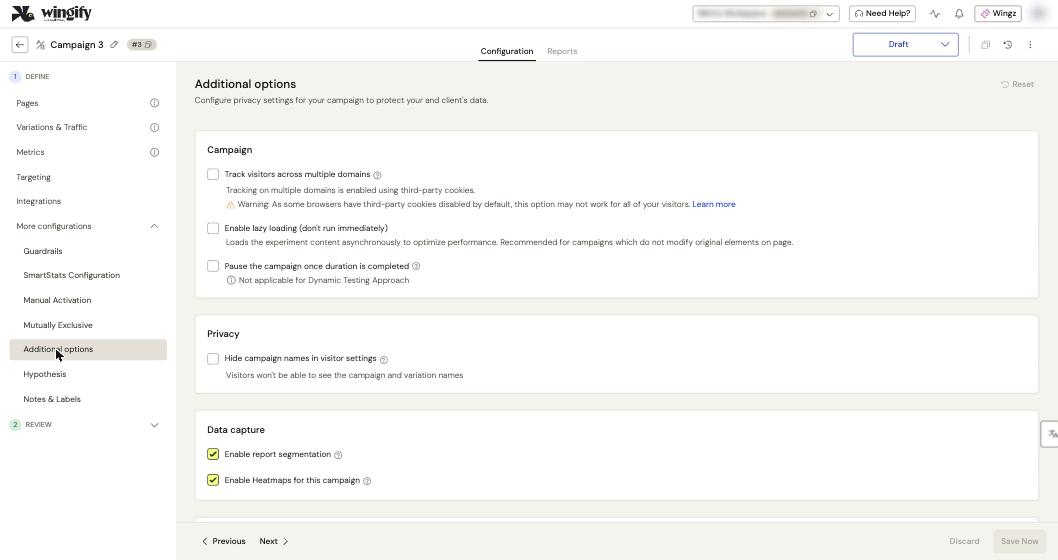 The Additional options page of a campaign, with Track visitors across multiple domains in the Campaign section