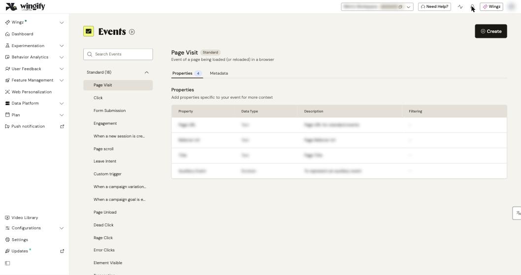 Events page with the Standard events list and the Create button