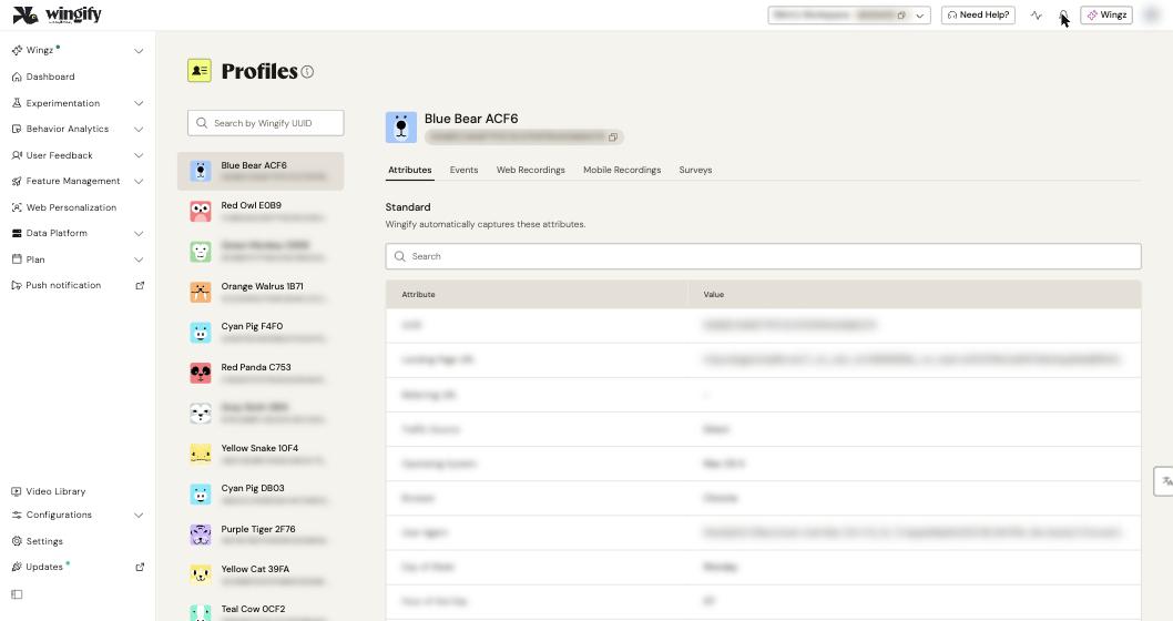 Profiles page with the visitor list on the left and a visitor's Attributes tab on the right