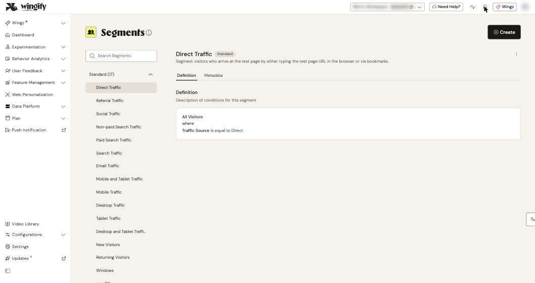 Segments page with the Standard segments list and the definition of Direct Traffic