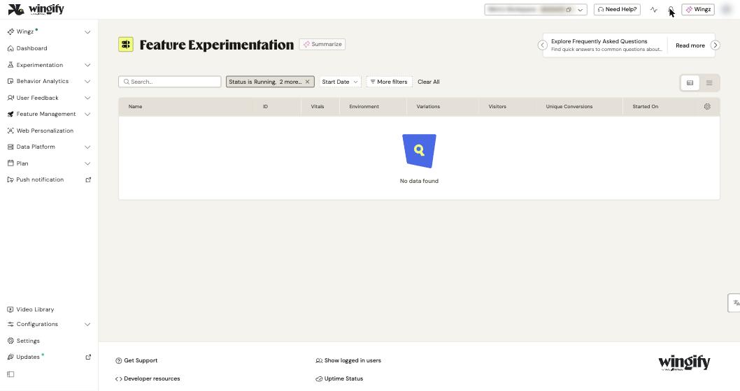 Feature Experimentation listing with Vitals and Variations columns