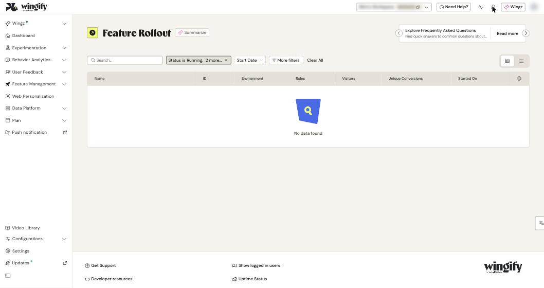 Feature Rollout listing with Environment, Rules, Visitors and Unique Conversions columns