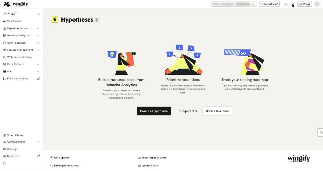 Hypotheses page with the Create a Hypothesis and Import CSV buttons