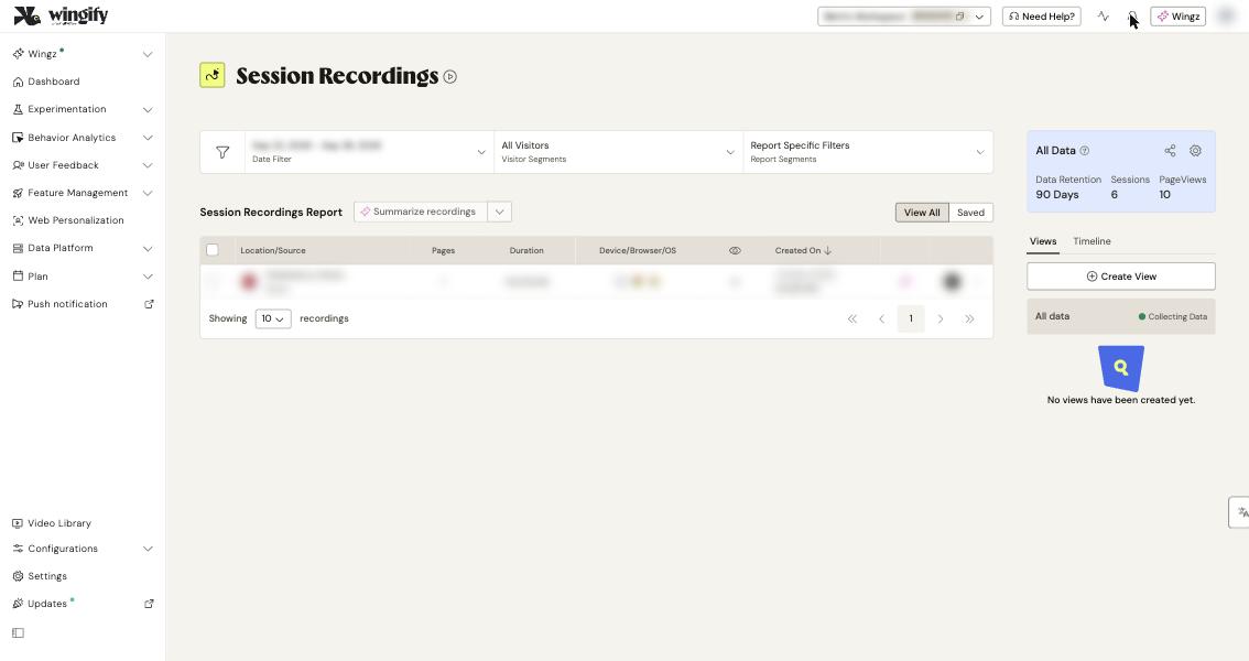 The Session Recordings dashboard with filters, the Summarize recordings button, the View All / Saved toggle and the Views panel