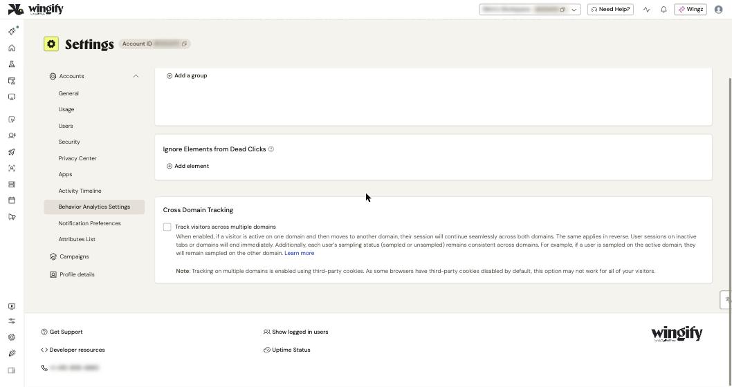 The Cross Domain Tracking section with the Track visitors across multiple domains checkbox and the third-party cookie note