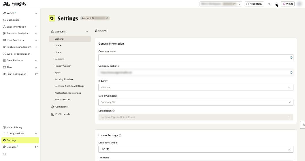 Wingify Settings page with the Accounts menu: General, Usage, Users, Security, Privacy Center and more