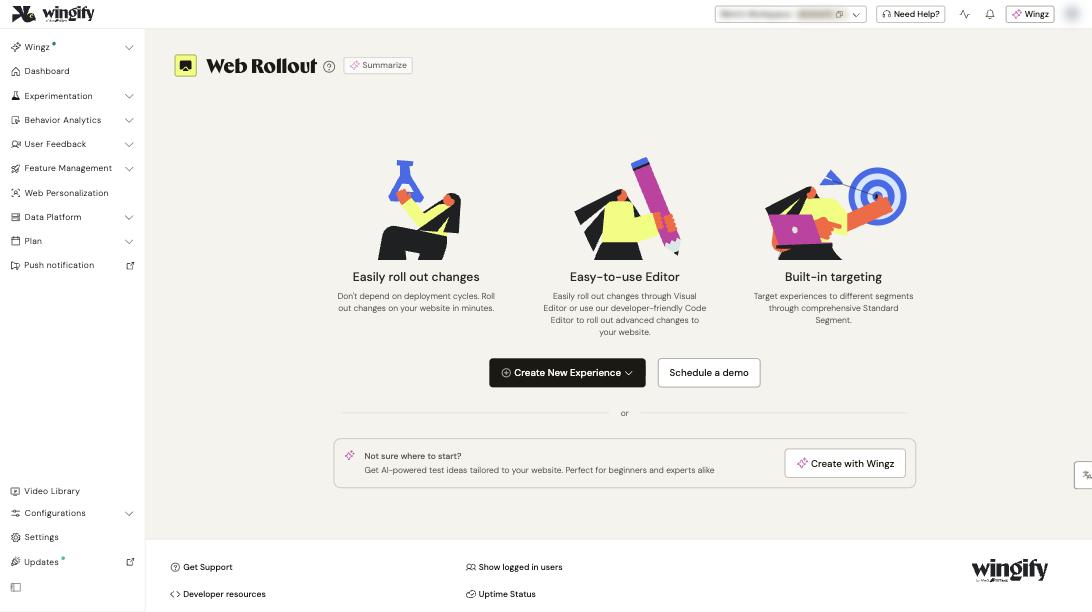 Web Rollout page with the Create New Experience and Create with Wingz buttons