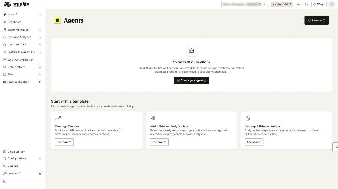 Agents page with Create your agent and agent templates