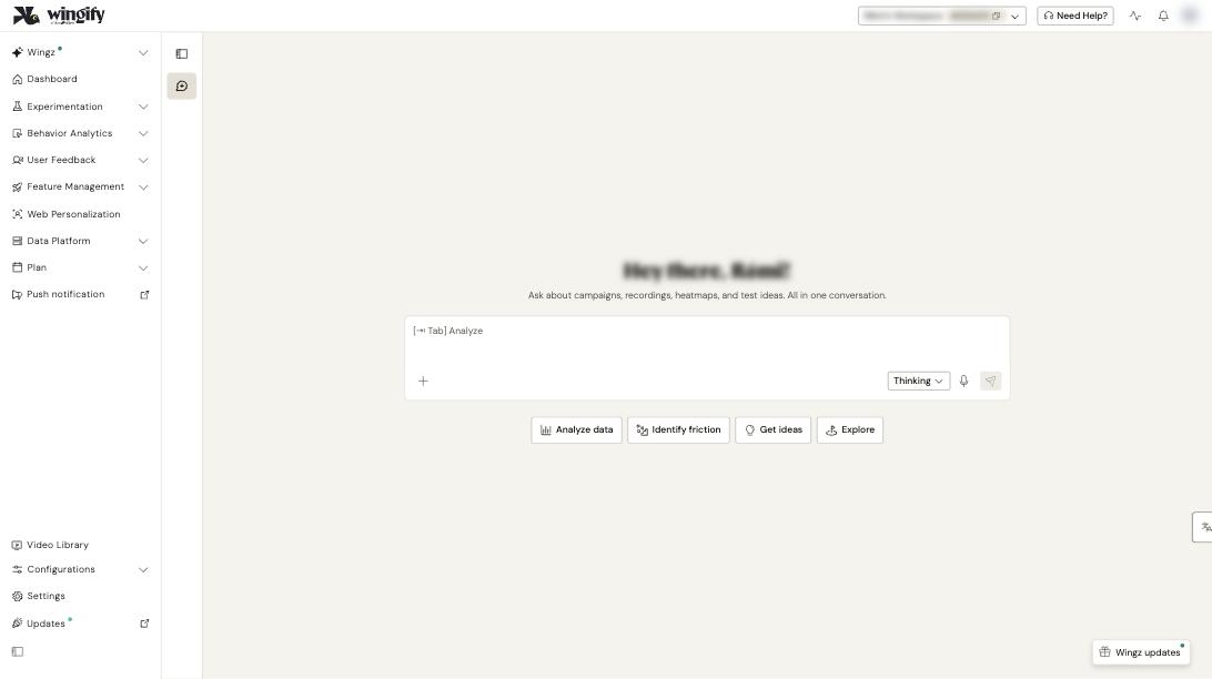 Wingz Chat page with the prompt box and shortcut buttons