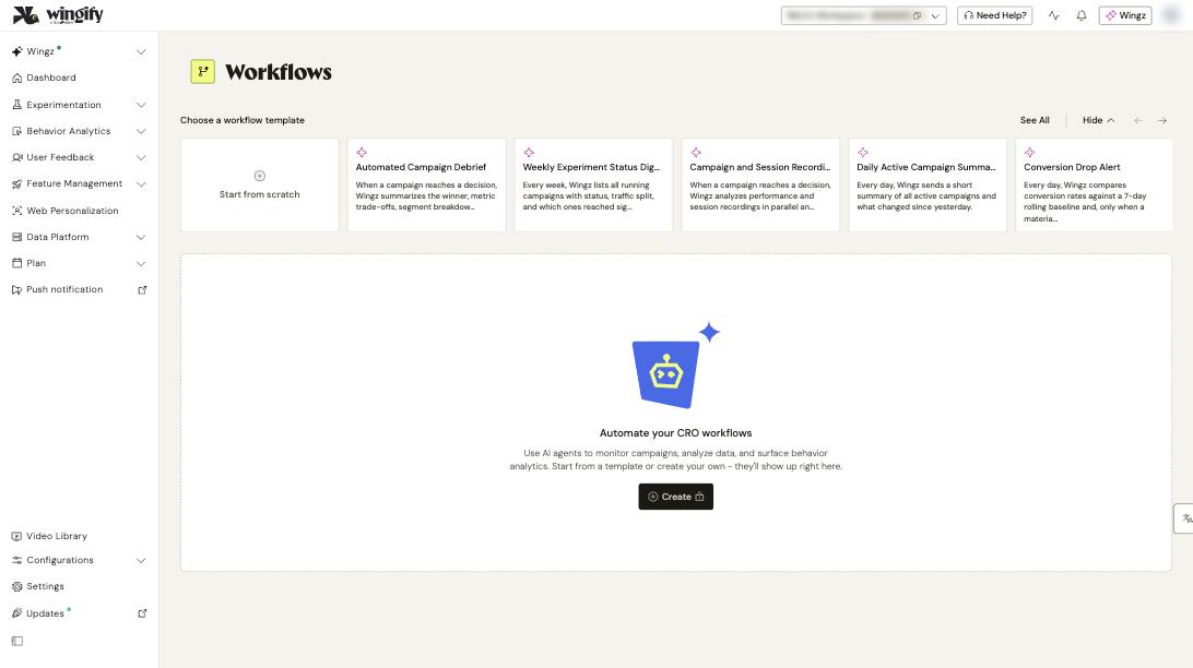 Workflows page with the template gallery and Start from scratch